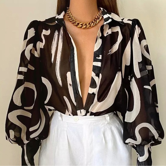 Black n Cream Abstract Print Blouse - Picture 4 of 4